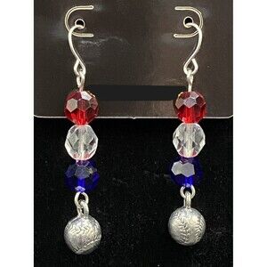 Handmade Baseball Faceted Red White & Blue Glass Bead Earrings by Neanie-Bot